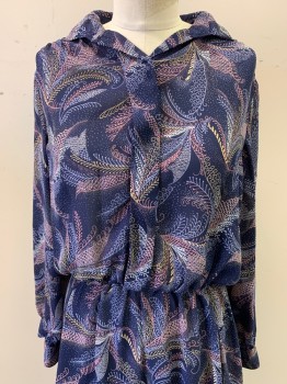 NO LABEL, Navy Blue, Pink, Lt Blue, Beige, White, Polyester, Leaves/Vines , L/S, Collar Attached, Button Front, Elastic Waist Band, Sheer, Side Pockets