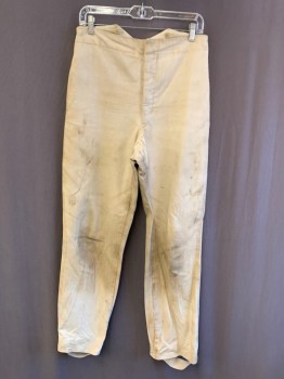 NL, Beige, Cotton, Solid, F.F, Button Front, Side Pockets, Inside Suspender Buttons, Stirrups, Aged/Distressed
