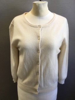 RON HERMAN, Cream, Cashmere, Solid, Knit, CN, B.F., 7 Btns, 3/4 Sleeves, Rib Knit Neck/Waistband/Cuffs, Existing Side Seam Alterations