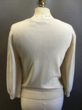 Womens, Sweater, RON HERMAN, Cream, Cashmere, Solid, B:34, L, W:28, Knit, CN, B.F., 7 Btns, 3/4 Sleeves, Rib Knit Neck/Waistband/Cuffs, Existing Side Seam Alterations