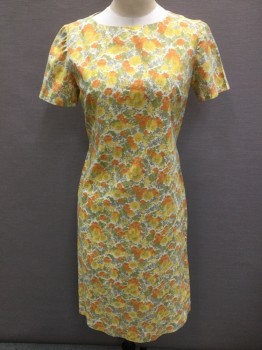 MTO, Lt Yellow, Orange, Yellow, Lime Green, Gray, Cotton, Polyester, Floral, Wide Round Neck,  Short Sleeves, Zip Back, Split Back Center Hem