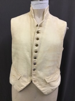 Mens, Historical Fiction Vest, MBA LTD, Cream, Brass Metallic, Cotton, Solid, 44, Brushed Twill, Stand Collar, 2 Bat-wing Pockets, Plain Cotton Backing, 2 Adjustable Ties in Back, Gold Buttons, Aged/Distressed ,Made To Order Late 1700's Early 1800's Historical Uniform Naval, Multiples