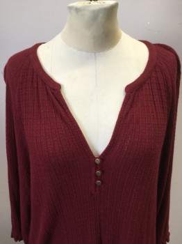 LUCKY BRAND, Red Burgundy, Viscose, Linen, Basket Weave, V-N, Small Band Collar, 3 B.F.,