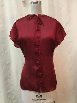 MNG SUIT, Maroon Red, Synthetic, Stripes, Maroon/ Sheer Stripes, Button Front, Short Sleeves, Self Tie Neck, Self Tie Waist
