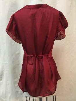 MNG SUIT, Maroon Red, Synthetic, Stripes, Maroon/ Sheer Stripes, Button Front, Short Sleeves, Self Tie Neck, Self Tie Waist