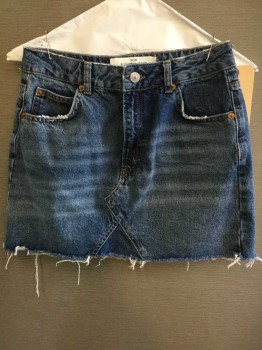 Womens, Skirt, Mini, MOTO, Blue, Cotton, Spandex, Heathered, 6, SKIRT:  Stone Washed Blue Denim, Jean-cut, Frayed On Front Pockets & Hem