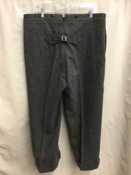 NO LABEL, Gray, Wool, Heathered, Button Fly, Cuff Hem, Black Suspender Button, Back Adjustable Buckle, Side Pockets,