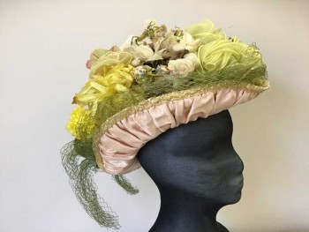 MTO, Peach Orange, Yellow, Green, Chartreuse Green, Cream, Silk, Synthetic, Peach Silk Gathered Around Rolled Brim Sides, Straw/Silk Ribbon Hat with Silk/Synthetic Yellow/cream/lt Pink/Chartreuse Flowers with Olive Silk Bow Back, Olive Mesh Wrapped Around Inside Brim,