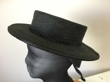 MTO, Black, Straw, Flat Brim, 2 1/2" Wide Flat Straw Hat with Back Neck Straw Strap with Bow with Tassels,