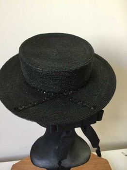MTO, Black, Straw, Flat Brim, 2 1/2" Wide Flat Straw Hat with Back Neck Straw Strap with Bow with Tassels,