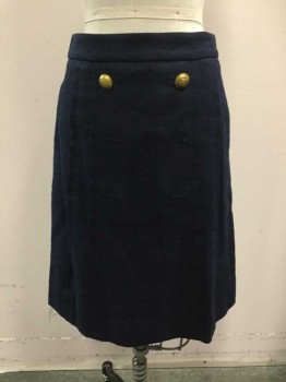 Womens, Skirt, Knee Length, J CREW, Navy Blue, Cotton, Polyester, Solid, 2, A-line, Twill, Center Back Zip, 2 Gold Decorative Buttons Front, 2 Pockets, Pleated Stripes Front