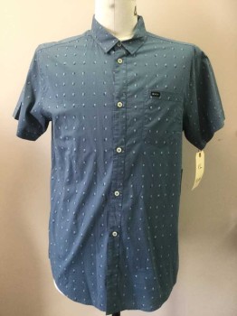 RVCA, Dusty Blue, Teal Blue, White, Cotton, Geometric, Button Front, Collar Attached, Short Sleeves, 1 Pocket,