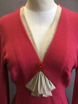 Womens, Dress, MTO, Red, Tan Brown, Polyester, Solid, W 28, B 36, Self Textured, V-neck, Long Sleeves, Gathered at Cuff, Tan Panel at V neck with Buttonned Red Panel Overlay and Tan Ruffle Extension, Side Seam Zip, Self Belt Attached at Sides, Stretch, Doubles,
