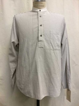 Mens, Historical Fiction Shirt, WAH MAKER, White, Putty/Khaki Gray, Cotton, Stripes, 32/33, 14.5, White/ Putty Stripes, White Collar Band, 4 Buttons, Long Sleeves, Old West