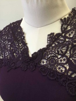 Womens, Cocktail Dress, ELIE TAHARI, Dk Purple, Rayon, Nylon, Solid, 10, Sleeveless, Top Half (Above Bust) is See Thru Lace, V-neck, Body of Dress is Stretch Jersey, Sheath, Hem Below Knee, Invisible Zipper at Center Back,