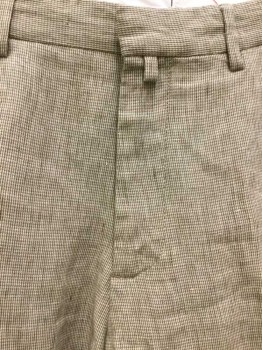 Mens, Slacks, BROOKS BROTHERS, Cream, Brown, Linen, Houndstooth, Heathered, 29.5, 34, Heather Cream W/brown Small Hounds tooth, Flat Front, Zip Front,