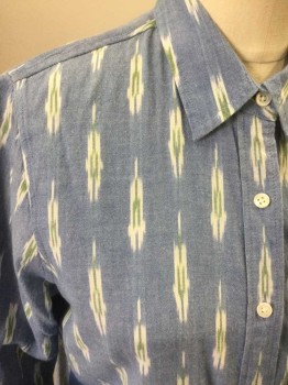 Womens, Blouse, J CREW, Blue, White, Green, Cotton, Novelty Pattern, 8, Button Front, Long Sleeves, Collar Attached, Faux Ikat Novelty Print