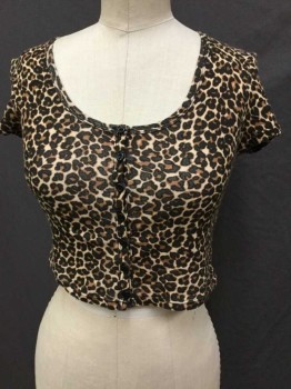 AMERICAN APPAREL , Tan Brown, Black, Brown, Cotton, Animal Print, Sc/n, Button Front, Cap Sleeves, Cropped, Leopard