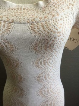 BCBG, White, Beige, Rayon, Nylon, Speckled, Wide Neck, Cap Sleeves, Body Contour, White with Beige Scallop Pattern Speckled Knit,