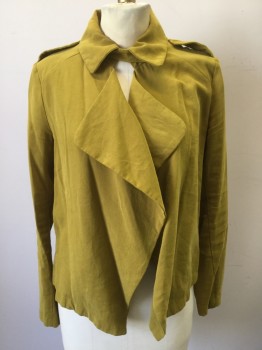 Womens, Casual Jacket, ZARA BASIC, Chartreuse Green, Cotton, Solid, XS, Collar Attached, Off Side Open Front, Epaulettes, Long Sleeves, 2 Vertical Pockets on Side Seams, 1" Flap & Pleat Center Back