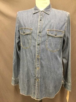 J CREW, Denim Blue, Cotton, Solid, Button Front, Long Sleeves, Collar Attached, 2 Flap Pockets, Orange Stitching