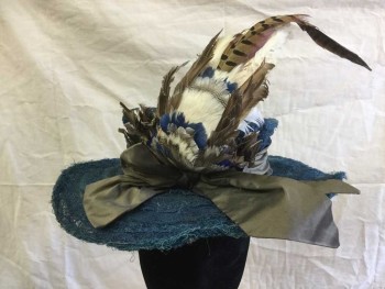 N/L, Teal Blue, Olive Green, Blue, White, Horsehair, Feathers, Solid, Spiral of Horsehair/ Straw, Poly Satin Wide Bow Assorted Feather Flourish,