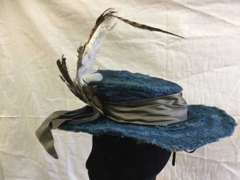 N/L, Teal Blue, Olive Green, Blue, White, Horsehair, Feathers, Solid, Spiral of Horsehair/ Straw, Poly Satin Wide Bow Assorted Feather Flourish,