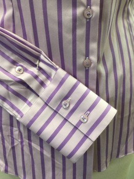 HAWES & CURTIS FITTD, Lt Pink, Lavender Purple, Cotton, Lycra, Stripes - Vertical , Light Pink with Lavender Vertical Stripes, Collar Attached, Button Front, Long Sleeves,