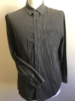 ELIE TAHARI, Dk Gray, Cotton, Heathered, Heather Charcoal Gray, Collar Attached, Button Front, Long Sleeves, 1 Pocket with Black Trim
