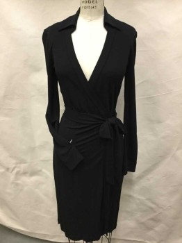 Womens, Dress, Long & 3/4 Sleeve, DVF, Black, Rayon, Solid, 2, (MULTIPLE)  Collar Attached, Wraparound V-neck, Long Sleeves,