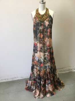 Womens, Evening Gown, ALICE & OLIVIA, Olive Green, Cream, Red, Peach Orange, Synthetic, Abstract , Floral, XS, Busy Abstract Tropical Floral Print Poly Chiffon, Halter Neck with Brass & Red Large Beaded Neck Front. Godet Paneelled Flared Skirt. Zipper Center Back,