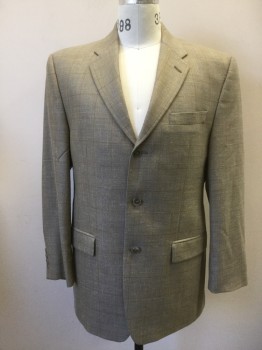 Mens, Sportcoat/Blazer, CALVIN KLEIN, Lt Brown, Lt Blue, Wool, Silk, Plaid, 40R, With Brown Check Lines, Single Breasted, Notched Lapel, 3 Pockets, 2 Buttons