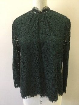 JOIE, Forest Green, Silk, Viscose, Floral, Floral Patterned Lace Top. 3/4 Sleeves, High Crew Neck with Gathers at Neck Front, Button Closure Center Back, Barcode on Left Side of Bodice