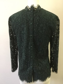 JOIE, Forest Green, Silk, Viscose, Floral, Floral Patterned Lace Top. 3/4 Sleeves, High Crew Neck with Gathers at Neck Front, Button Closure Center Back, Barcode on Left Side of Bodice