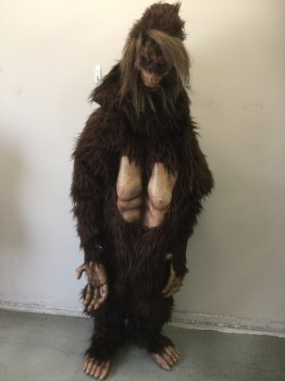 Unisex, Walkabout, MTO, Dk Brown, Beige, Polyester, XXL, BIGFOOT Onesie, Head with Mask, Hands, Feet, Extra Fur Pieces, Head Has Chinstrap and Sits Above Wearer's Head