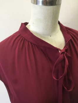VINCE, Maroon Red, Silk, Solid, Chiffon, Cap Sleeves, 2 Button Front, Band Collar with Self Ties, Gathered at Neck, Oversized/Boxy Fit