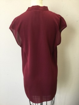VINCE, Maroon Red, Silk, Solid, Chiffon, Cap Sleeves, 2 Button Front, Band Collar with Self Ties, Gathered at Neck, Oversized/Boxy Fit