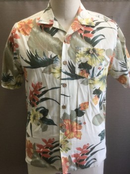 Mens, Hawaiian Shirt, LIGHTNING BOLT, Multi-color, Ecru, Burnt Orange, Olive Green, Yellow, Cotton, Hawaiian Print, Floral, XL, Ecru with Burnt Orange/Olive/Yellow/Dark Green Flowers and  Palm Leaves Pattern, Short Sleeve Button Front, Collar Attached, 1 Patch Pocket with Button Closure