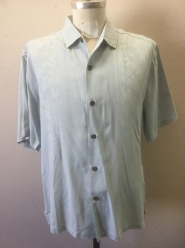 TOMMY BAHAMA, Lt Blue, Silk, Solid, Tropical , Self Tropical Leaves Texture Panels in Front, Ribbed Texture Throughout, Short Sleeve Button Front, Collar Attached, Oversized, Dad Vacation Shirt