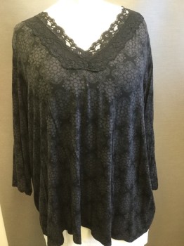 Womens, Top, BOBEAU, Black, Gray, Rayon, Spandex, Floral, 2X, V-neck with Black Lace, Long Sleeves,
