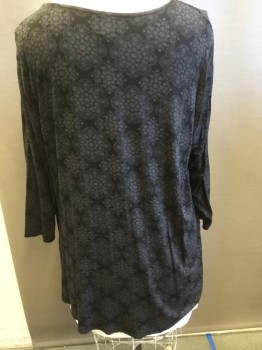 BOBEAU, Black, Gray, Rayon, Spandex, Floral, V-neck with Black Lace, Long Sleeves,
