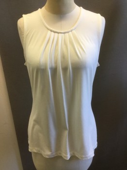 BANANA REPUBLIC, Cream, Polyester, Spandex, Solid, Crew Neck, Sleeveless, Pleated Detail at Collar