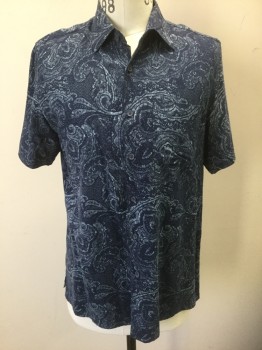 TASSO ELBA, Navy Blue, Lt Blue, Silk, Rayon, Abstract , Speckled Swirled Pattern, Short Sleeve Button Front, Collar Attached, 1 Patch Pocket,