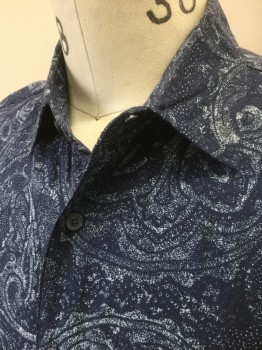 TASSO ELBA, Navy Blue, Lt Blue, Silk, Rayon, Abstract , Speckled Swirled Pattern, Short Sleeve Button Front, Collar Attached, 1 Patch Pocket,
