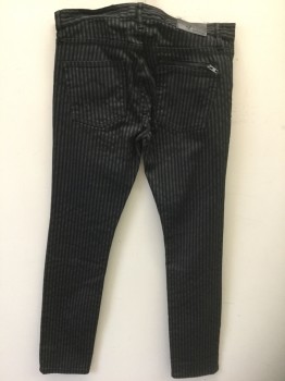 RUDE, Charcoal Gray, Black, Cotton, Spandex, Stripes, Denim Twill Weave, Jean Cut, 2 Front Pockets, Coin Pocket, Rivet Detail, 1 Vertical Zipper Front Pocket on Right Leg, 1 Diagonal Zipper Front Pocket on Left Leg, 2 Back Pockets, 1 Horizontal Zipper Back Right Pocket, Front Button Closure, 2 Button Fly, Skinny Style