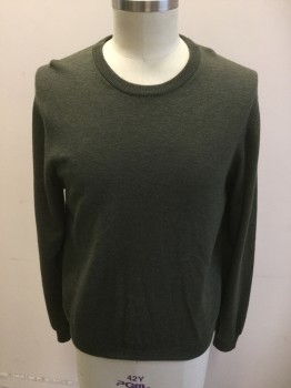 Mens, Pullover Sweater, BROOKS BROTHERS, Forest Green, Wool, Nylon, Solid, L, Ribbed Knit Crew Neck/Cuff/Waistband,