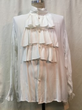 WINDLASS, White, Rayon, Solid, White, 3 Tiered Center Front, Ruffle, Faux Pearl Button Front, Elastic Long Sleeve Detail