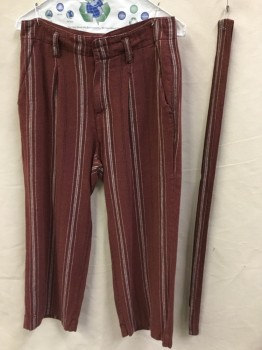 Womens, Pants, N/L, Brown, Black, Off White, Cotton, Ramie, Stripes - Vertical , 24, 29, Reddish Brown with Fine Black & Off White Vertical Stripes, 2" Waistband, Zip Front, 1 Pleat Front, 4 Pockets, with Self Detached 1-1/2" BELT