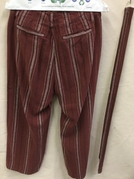 N/L, Brown, Black, Off White, Cotton, Ramie, Stripes - Vertical , Reddish Brown with Fine Black & Off White Vertical Stripes, 2" Waistband, Zip Front, 1 Pleat Front, 4 Pockets, with Self Detached 1-1/2" BELT