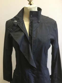 Womens, Coat, Trenchcoat, COLE HAAN, Black, Polyester, Nylon, Solid, XS, Zip Front with Snap Placket Has a Slight Ruffle, Self Belt